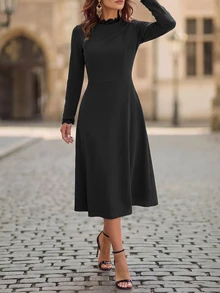 EMERY ROSE Women's Solid Color Casual Elegant Minimalist Party Office Semi Formal Mid-Length Dress Black Autumn - Black - View 8