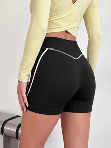 SHEIN Core Rhythm Sporty Essential Low Waist Fashion Leggings Casual Basic Black White Color Block White Stripe Slim Fit Tight Butt-Lifting Shorts Gym Pilates Indoor - Black - View 3