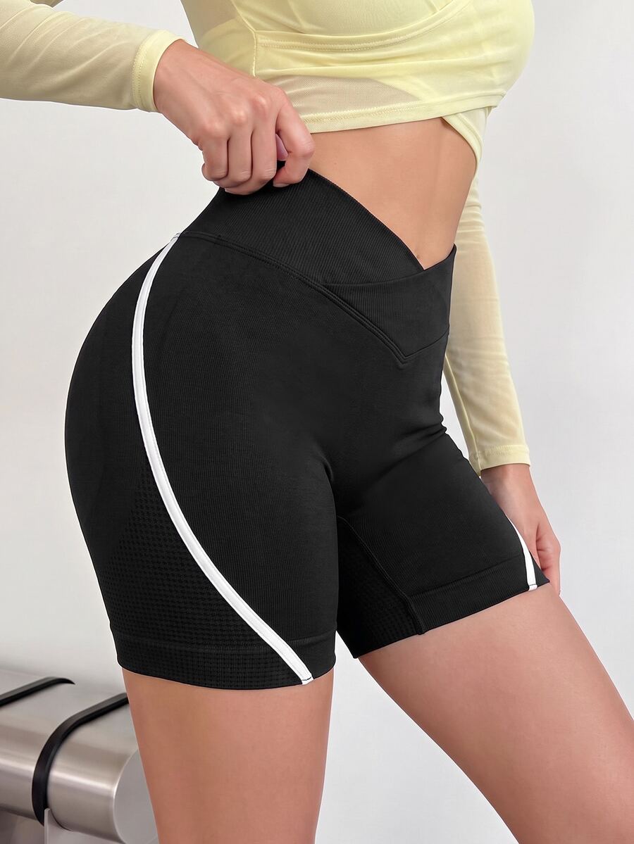 SHEIN Core Rhythm Sporty Essential Low Waist Fashion Leggings Casual Basic Black White Color Block White Stripe Slim Fit Tight Butt-Lifting Shorts Gym Pilates Indoor - Black - View 1