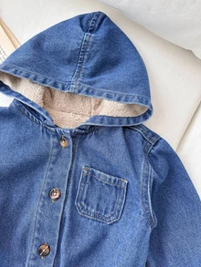 SHEIN 女嬰秋冬休閒款柔軟保暖藍色牛仔刷毛內裡連帽外套，適合日常穿著，冬季保暖外套 - 深色水洗藍 - 查看 5