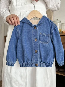 SHEIN 女嬰秋冬休閒款柔軟保暖藍色牛仔刷毛內裡連帽外套，適合日常穿著，冬季保暖外套 - 深色水洗藍 - 查看 3