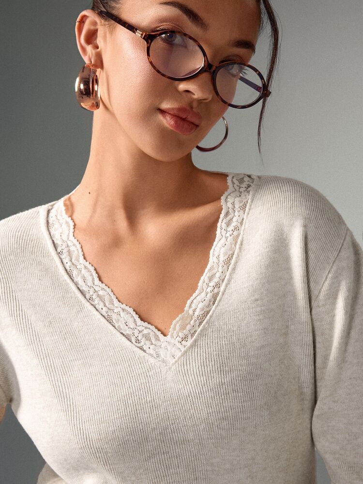SHEIN Ivory Lace Trim Fitted Knit Top – Soft Girl Aesthetic, Coquette Core Romance, Delicate V-Neck Detail, Minimal Chic Wardrobe Staple, Spring Summer 2026 Feminine Essential - Beige - View 5