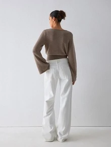 ATUI Studio Women Bodysuit, Oatmeal Flare Sleeve Rib-Knit, Ruched Waist Backless, Wool Blend, Minimalism Modern Effortless Chic Elevating Basics, Fall Winter - Khaki - View 3