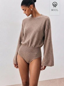 ATUI Studio Women Bodysuit, Oatmeal Flare Sleeve Rib-Knit, Ruched Waist Backless, Wool Blend, Minimalism Modern Effortless Chic Elevating Basics, Fall Winter - Khaki - View 1