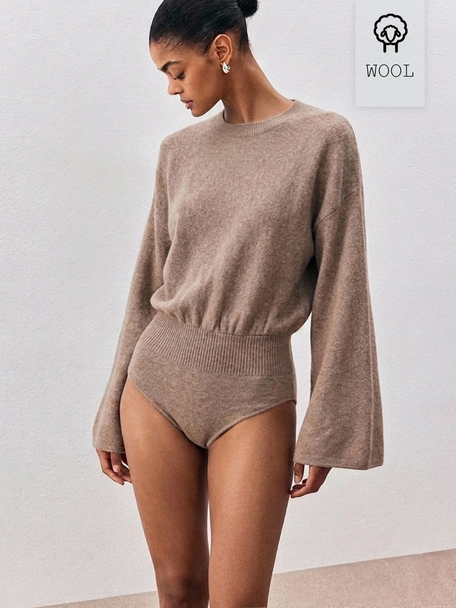 ATUI Studio Women Bodysuit, Oatmeal Flare Sleeve Rib-Knit, Ruched Waist Backless, Wool Blend, Minimalism Modern Effortless Chic Elevating Basics, Fall Winter - Khaki - View 1