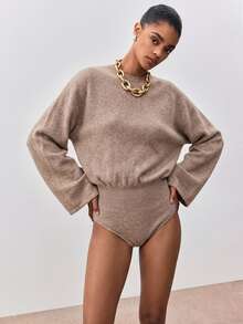 ATUI Studio Women Bodysuit, Oatmeal Flare Sleeve Rib-Knit, Ruched Waist Backless, Wool Blend, Minimalism Modern Effortless Chic Elevating Basics, Fall Winter - Khaki - View 2