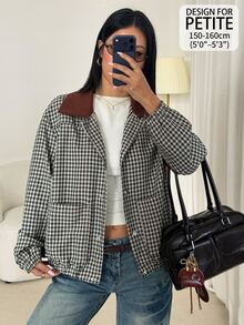 SHEIN PETITE Jaket Kasual Wanita Lengan Panjang Kotak-kotak Kancing Tunggal Potongan Reguler - Grey - View 1