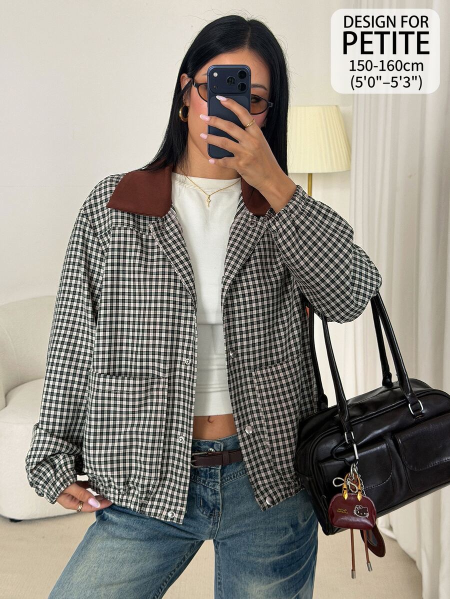 SHEIN PETITE Jaket Kasual Wanita Lengan Panjang Kotak-kotak Kancing Tunggal Potongan Reguler - Grey - View 1