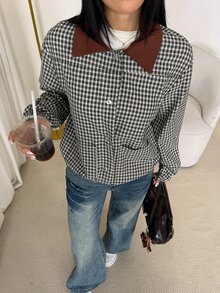 SHEIN PETITE Jaket Kasual Wanita Lengan Panjang Kotak-kotak Kancing Tunggal Potongan Reguler - Grey - View 6
