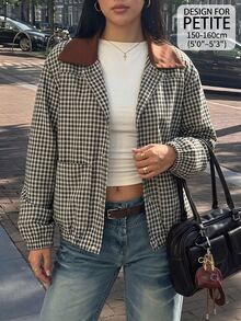 SHEIN PETITE Jaket Kasual Wanita Lengan Panjang Kotak-kotak Kancing Tunggal Potongan Reguler - Grey - View 4