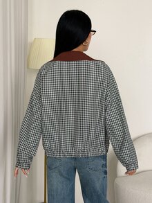 SHEIN PETITE Jaket Kasual Wanita Lengan Panjang Kotak-kotak Kancing Tunggal Potongan Reguler - Grey - View 2