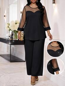 SHEIN Lady Plus Size Mesh Patchwork Shirt And Loose Pants 2 Pieces Set Fall - Black - View 1
