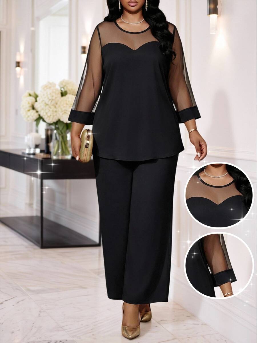 SHEIN Lady Plus Size Mesh Patchwork Shirt And Loose Pants 2 Pieces Set Fall - Black - View 1