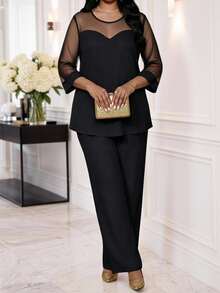 SHEIN Lady Plus Size Mesh Patchwork Shirt And Loose Pants 2 Pieces Set Fall - Black - View 4