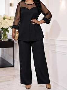 SHEIN Lady Plus Size Mesh Patchwork Shirt And Loose Pants 2 Pieces Set Fall - Black - View 3