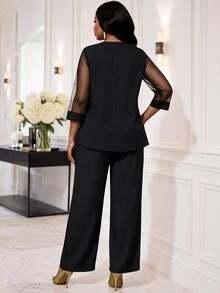 SHEIN Lady Plus Size Mesh Patchwork Shirt And Loose Pants 2 Pieces Set Fall - Black - View 2