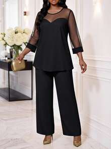 SHEIN Lady Plus Size Mesh Patchwork Shirt And Loose Pants 2 Pieces Set Fall - Black - View 5