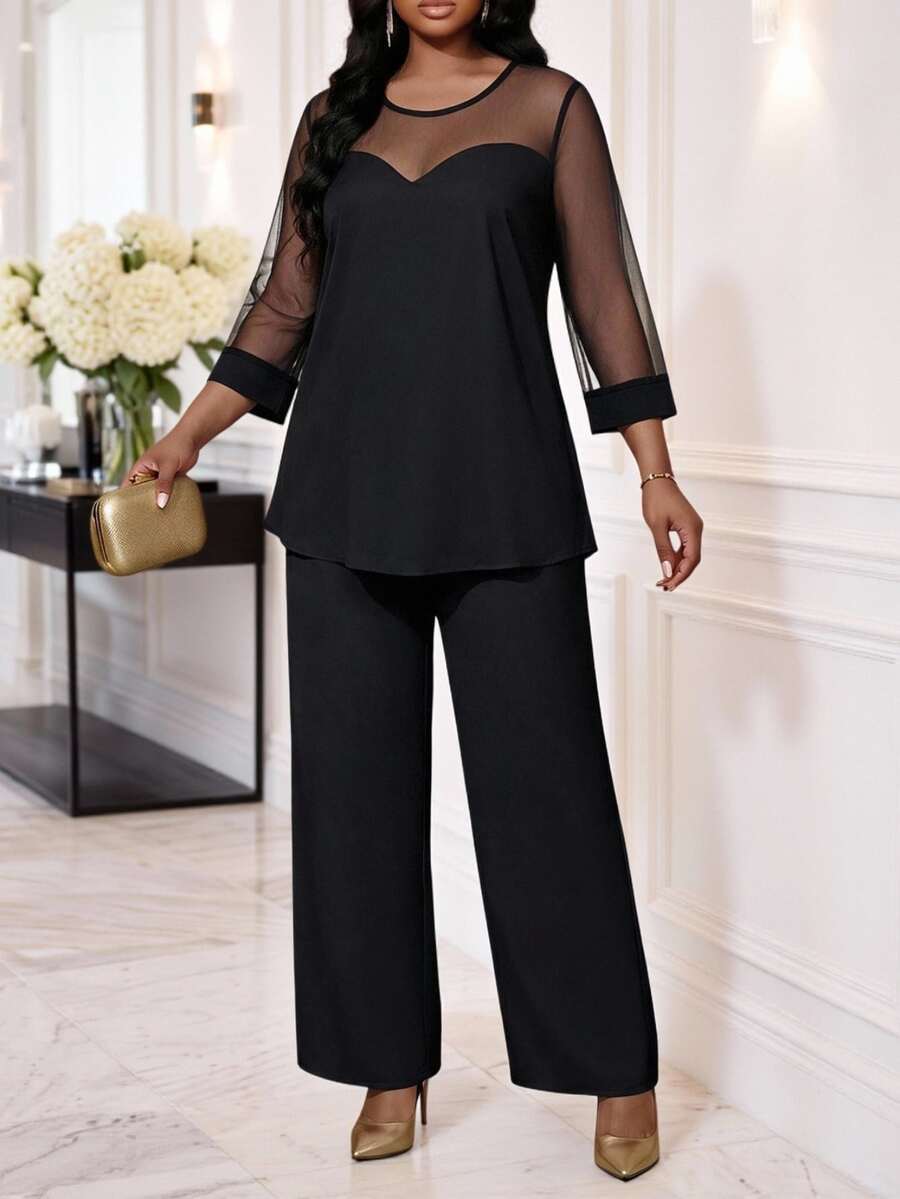 SHEIN Lady Plus Size Mesh Patchwork Shirt And Loose Pants 2 Pieces Set Fall - Black - View 1