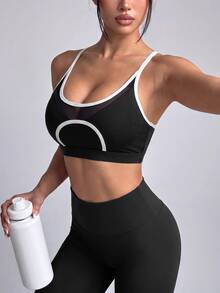 Dewbera Dewbera Bra Olahraga Wanita Motif Jala Patchwork Warna Kontras Hitam Putih untuk Latihan di Gym, Musim Panas, Musim Gugur, dan Pilates. - Hitam dan Putih - View 7