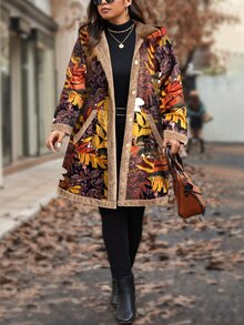 Weeklong Plus Size Vintage Print Thermal Lined Long Sleeve Hooded Padded Coat Winter - Khaki - View 5