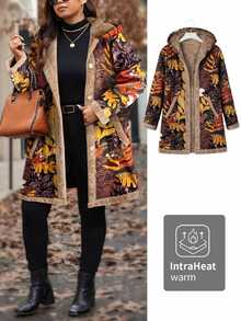 Weeklong Plus Size Vintage Print Thermal Lined Long Sleeve Hooded Padded Coat Winter - Khaki - View 3