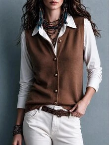 SHEIN Brown Round Neck Gold Button Sleeveless Vest Cardigan For Women , Loose Soft Flattering Layering Commuter Outerwear Going Out Tops Fashionable Tops - Brown - View 4