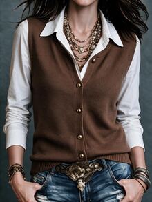 SHEIN Brown Round Neck Gold Button Sleeveless Vest Cardigan For Women , Loose Soft Flattering Layering Commuter Outerwear Going Out Tops Fashionable Tops - Brown - View 1
