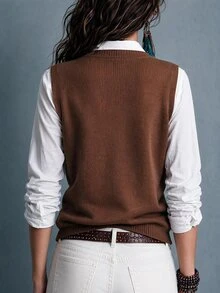 SHEIN Brown Round Neck Gold Button Sleeveless Vest Cardigan For Women , Loose Soft Flattering Layering Commuter Outerwear Going Out Tops Fashionable Tops - Brown - View 2