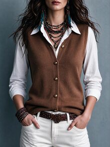 SHEIN Brown Round Neck Gold Button Sleeveless Vest Cardigan For Women , Loose Soft Flattering Layering Commuter Outerwear Going Out Tops Fashionable Tops - Brown - View 3