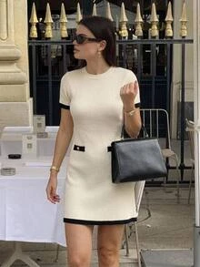 Serisse Women Elegant Contrast Trim Ribbed Knit Sweater Dress Crew Neck Short Sleeve Bodycon Mini Dress Chic Casual,Back Neck Bow Decoration Design - Apricot - View 4