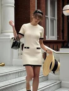 Serisse Women Elegant Contrast Trim Ribbed Knit Sweater Dress Crew Neck Short Sleeve Bodycon Mini Dress Chic Casual,Back Neck Bow Decoration Design - Apricot - View 3