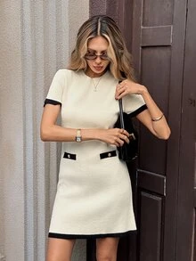 Serisse Women Elegant Contrast Trim Ribbed Knit Sweater Dress Crew Neck Short Sleeve Bodycon Mini Dress Chic Casual,Back Neck Bow Decoration Design - Apricot - View 9