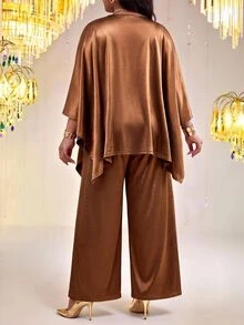 Fleurora Plus Size Women Solid Color Top And Pants Casual Daily Two Pieces Set Fall - Coffee Brown - View 2