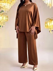 Fleurora Plus Size Women Solid Color Top And Pants Casual Daily Two Pieces Set Fall - Coffee Brown - View 4