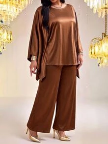 Fleurora Plus Size Women Solid Color Top And Pants Casual Daily Two Pieces Set Fall - Coffee Brown - View 3