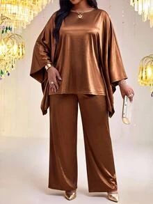 Fleurora Plus Size Women Solid Color Top And Pants Casual Daily Two Pieces Set Fall - Coffee Brown - View 5