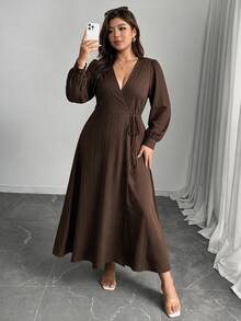 SHEIN LUNE CURVE Plus Size Long Sleeve Tie Waist Long Dress Autumn Brunch Formal Brown Elegant - Coffee Brown - View 3