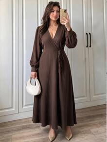 SHEIN LUNE CURVE Plus Size Long Sleeve Tie Waist Long Dress Autumn Brunch Formal Brown Elegant - Coffee Brown - View 1