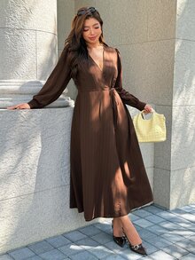 SHEIN LUNE CURVE Plus Size Long Sleeve Tie Waist Long Dress Autumn Brunch Formal Brown Elegant - Coffee Brown - View 5
