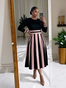 SHEIN Lady CURVE 大尺碼女款圓領長袖拼接條紋優雅連身裙 秋季 - 彩色 - 查看 3