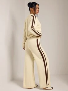 SHEIN PETITE Petites New Chinese-Style Autumn/Winter Set Featuring A Frog-Button Cardigan And Trousers - Apricot - View 2