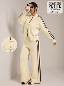 SHEIN PETITE Petites New Chinese-Style Autumn/Winter Set Featuring A Frog-Button Cardigan And Trousers - Apricot - View 5