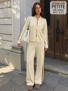 SHEIN PETITE Petites New Chinese-Style Autumn/Winter Set Featuring A Frog-Button Cardigan And Trousers - Apricot - View 4