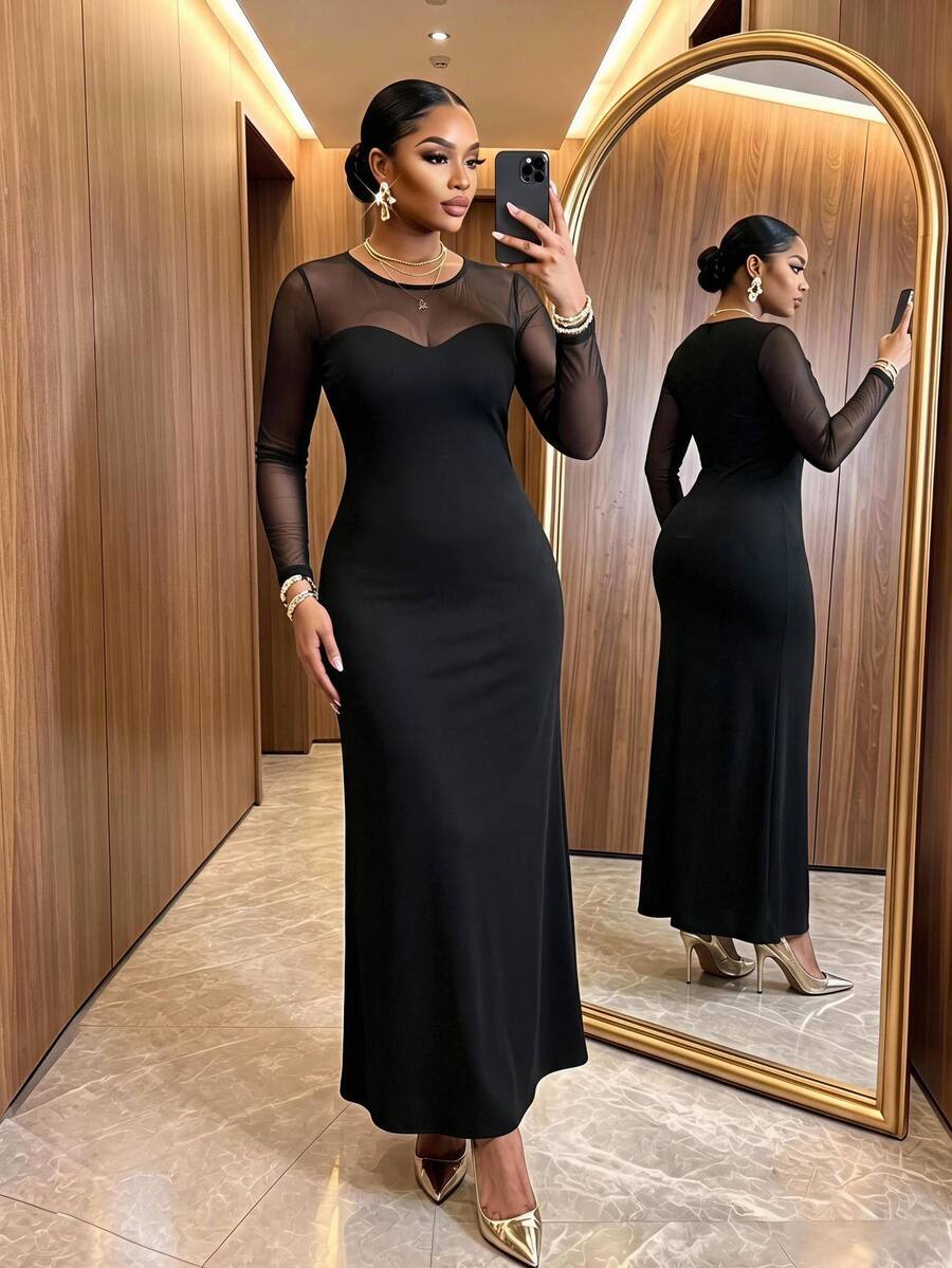 SHEIN Lady CURVE Plus Size Elegant Commuter Mesh Patchwork Dress Fall - Black - View 1