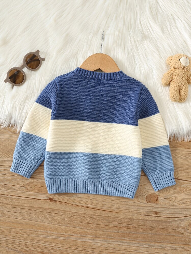 SHEIN Baby Boy Autumn/Winter Cartoon Bear Patch Striped Pattern Round Neck Long Sleeve Pullover Sweater, Cute Sweater, Autumn/Winter Sweater, Infant Sweater, Blue Sweater - Multicolor - View 2