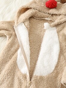 SHEIN 嬰兒男童女童秋冬款卡通鹿角對比色連帽長袖連身衣聖誕羅馬裝抓絨連身衣幼兒可愛連身衣 - 彩色 - 查看 6