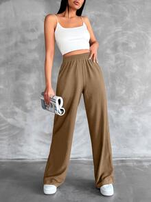 SHEIN Tall Cotton Tall Size Solid Elastic Waist Straight Leg Pants - Brown - View 3