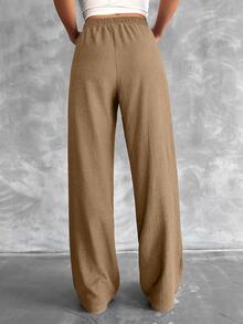 SHEIN Tall Cotton Tall Size Solid Elastic Waist Straight Leg Pants - Brown - View 2