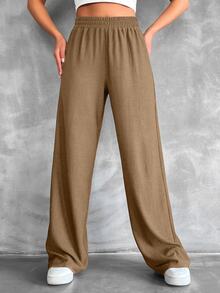 SHEIN Tall Cotton Tall Size Solid Elastic Waist Straight Leg Pants - Brown - View 4