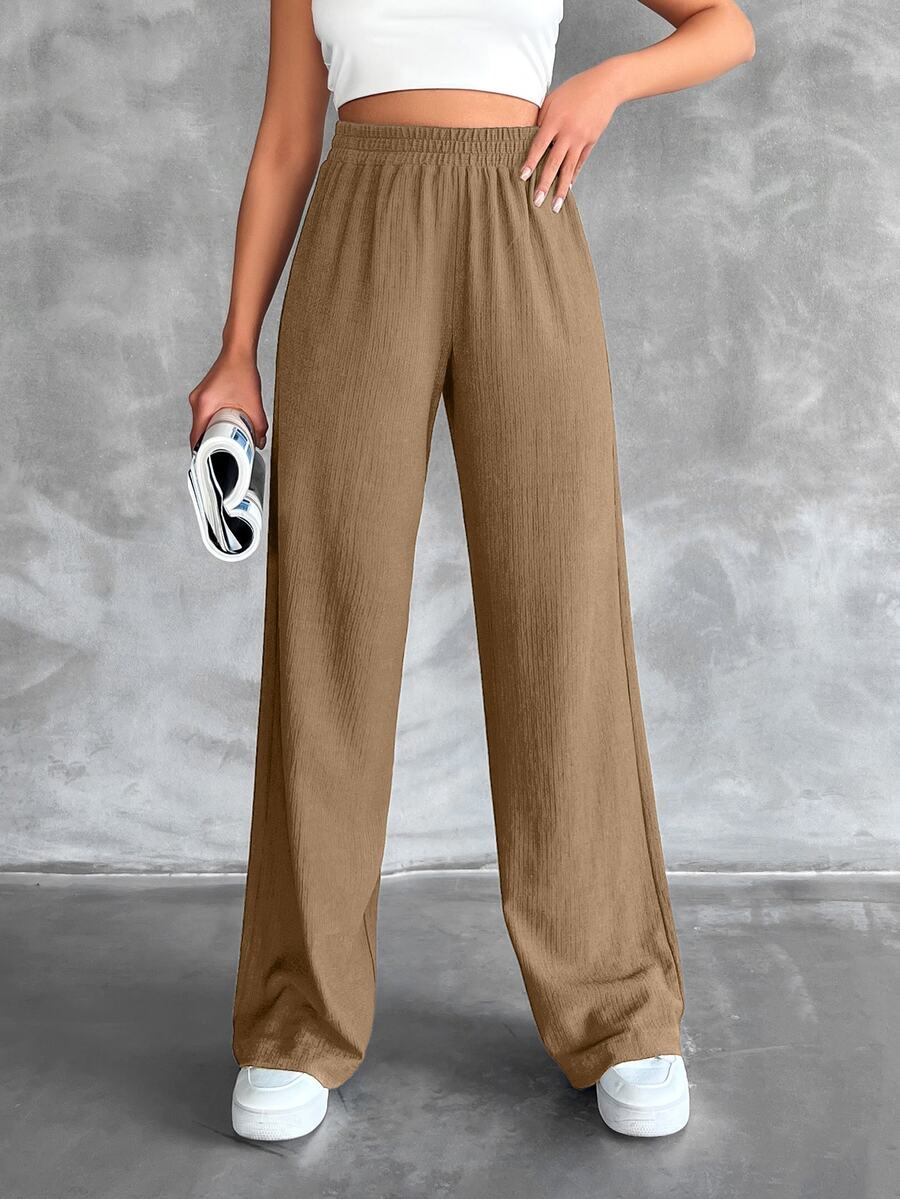 SHEIN Tall Cotton Tall Size Solid Elastic Waist Straight Leg Pants - Brown - View 1